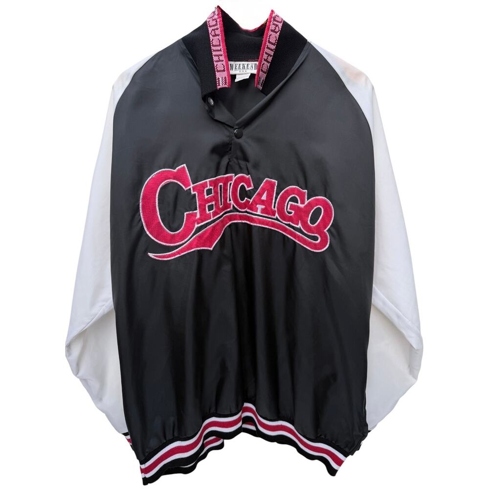 Vintage Chicago Script Jacket Mens XL Weekend USA Satin Bomber Black Red
